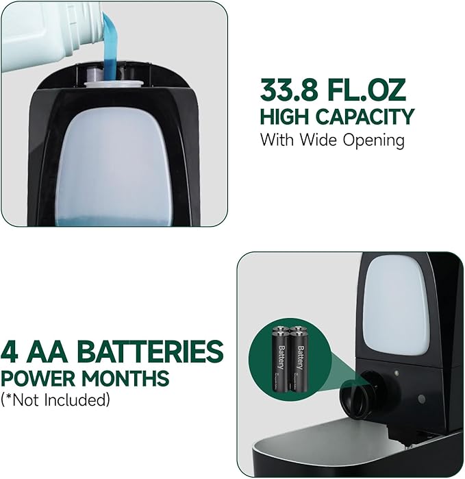 anydry Commercial Automatic Soap Dispenser Large 34oz/1000ml Capacity Wall-Mounted Touchless Liquid Dispenser for High-Traffic Restrooms, Offices, Hospitals Model AD1220S Black