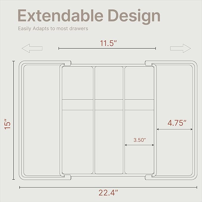 Gray Expandable Utensil Drawer Organizer 2 Pack, Adjustable 13” to 22.4”, 5 Compartment Silverware Organizer for Kitchen Utensils, Spatulas, Cutlery