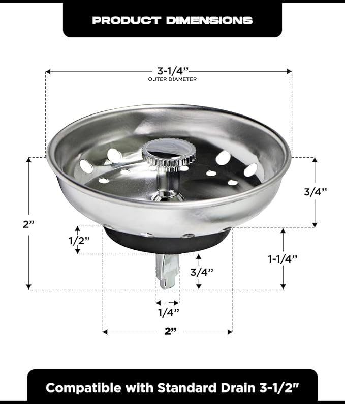 Highcraft 97333O Kitchen Sink Basket Strainer Replacement for Standard Drains (3-1/2 Inch) Chrome Plated Stainless Steel Body with Rubber Stopper