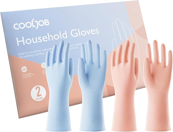COOLJOB 2 Pairs Thickened Rubber Gloves with Cotton Lining & Non-slip Grip, Colorful Household Long Lasting Dishwashing Gloves for Kitchen & Bathroom Cleaning, Orange & Blue, Large