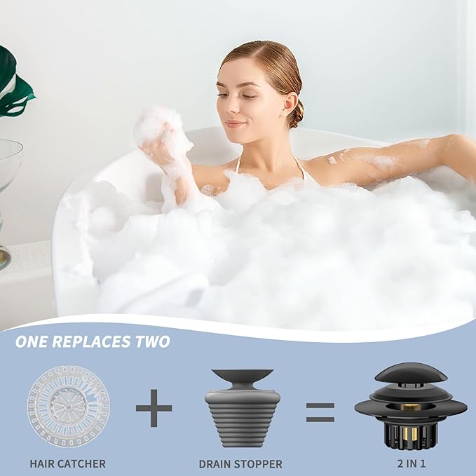 2 in 1 Tub Stopper Bathtub Drain Hair Catcher with Dual Filtration Design, Anti-Clogging Bathtub Drain Plug Bath Tub Stoppers for 1.45-1.8" Drain Shoe