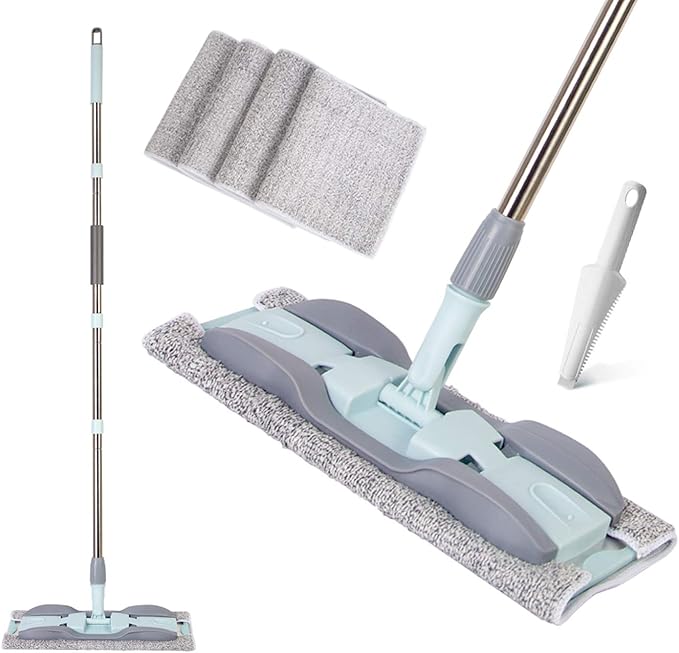 2-in-1 Microfiber Mop for Wet & Dry Use, 15-Inch with 4 Washable Pads, Adjustable Handle for Effortless Deep Cleaning and Floor Protection