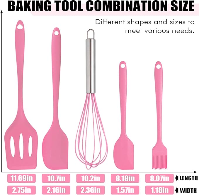 Silicone Spatula Set 5 Pieces Heat Resistant Non-Stick Rubber Spatulas for Baking Cooking Mixing Scraping Nonstick Cookware Kitchen Utensils (Pink)
