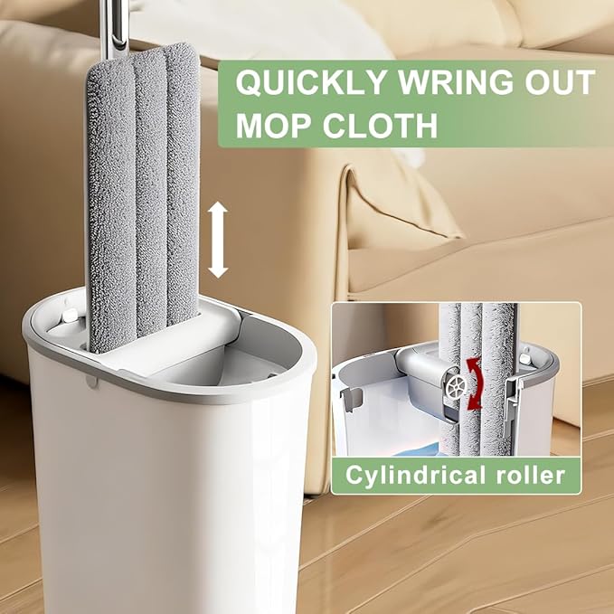 CQT Self-Wringing Mop and Bucket Set for Home Long Handle Flat Mop with 6 Washable Microfiber Pads