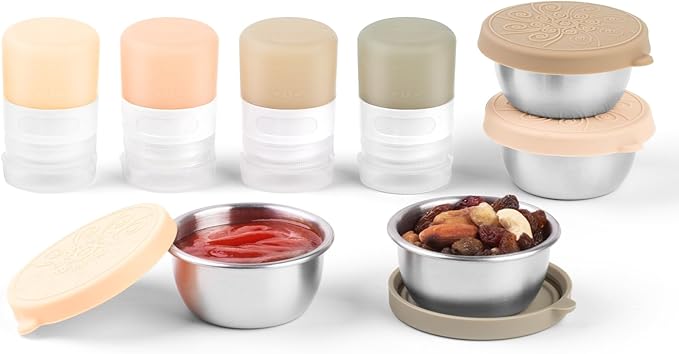 MICEBAY 8-Pack Salad Dressing Container To Go, 1-oz Silicone Small Condiment Squeeze Bottles and 1.6 oz Stainless Steel Sauce Containers Cups