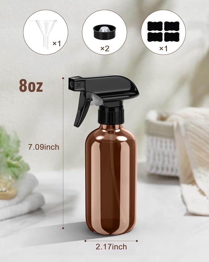Bontip Glass Spray Bottle, Amber Glass Spray Bottle Set & Accessories Refillable for Plants Window Cleaners Aromatherapy Facial Hydration Watering Flowers Hair Care (2 Pack/8 oz) (Amber)