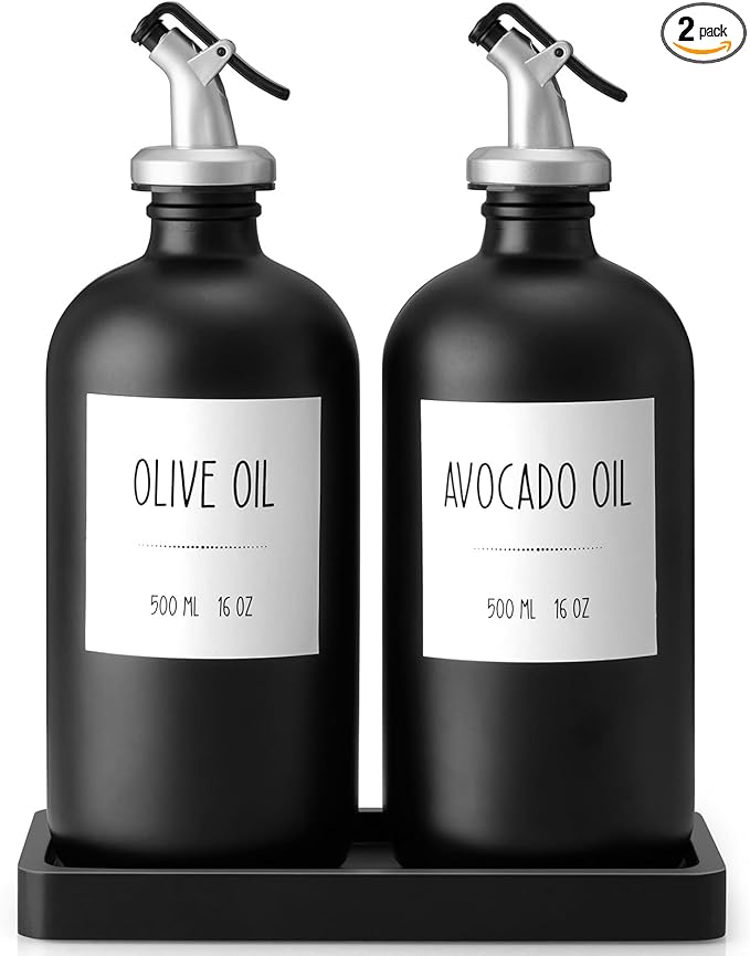 Olive Oil Dispenser Bottle for Kitchen, 16oz Glass Oil and Vinegar Cruet Set with Wood Tray & 54 Labels - Coffee Syrup Dispenser - Black Kitchen Decor and Accessories - Set of 2
