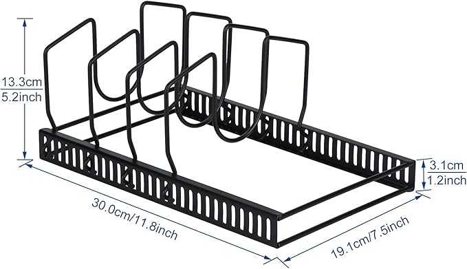 Toplife Pot Lids Organizer Rack for Cabinet and Countertop, 7+ Pan Lids and Bakeware Organizer Rack Holder with 7 Adjustable Compartments - Black