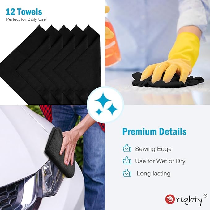 Orighty Microfiber Cleaning Cloth, 12 Pack Microfiber Towels for Cars, Highly Absorbent Car Cleaning Supplies, Lint Free Cloths Clean Rags for Car Care, House, Kitchen, 12x12 inch, Black