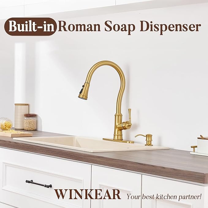 Built in Soap Dispenser for Kitchen Sink Countertop, Solid Brass Pump Head Long Spout with 10.2 Ounce PET Food Safe Material Lotion Bottle, Brushed Gold Finish