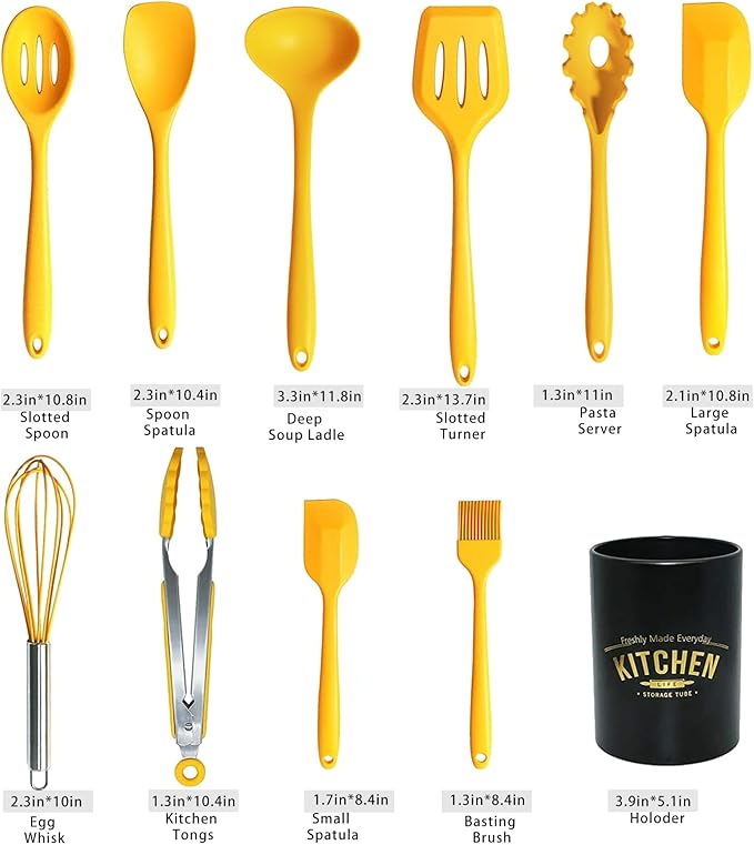 11Pcs Silicone Cooking Utensils Set - Heat Resistant Kitchen Tools, Spatula, Turner, Tongs, Spoon, Whisk, BPA Free, Dishwasher Safe, Nonstick Cookware Utensils (Yellow)