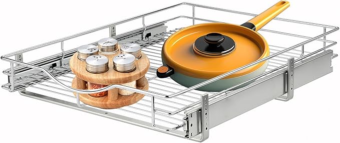 DINDON 1 Tier Pull Out Cabinet Organizer (11" W x 21" D) Heavy-Duty Metal Sliding Drawer Shelf, Slide Out Wire Basket for Kitchen Cabinets, Pantry, Bathroom, Chrome Finish…