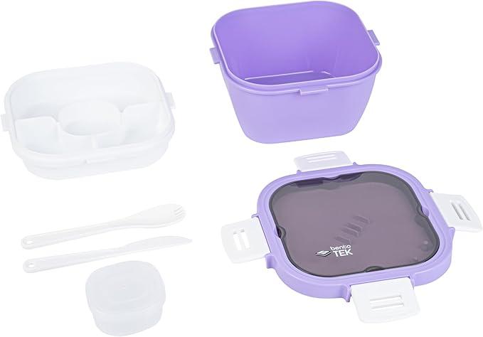 Restaurantware-Bento Tek 57.5 Ounce Bento Box, 1 Reusable Lunch Container - With Fork And Knife, Does Not Contain BPA, Purple And White Plastic Reusable Lunch Box, Microwavable, Dishwashable