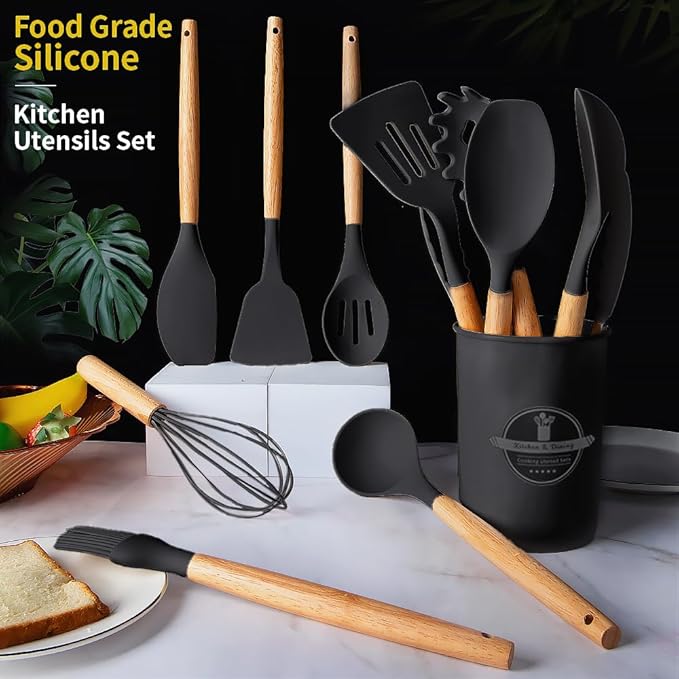 Silicone Cooking Utensils Set, 12Pcs Large Heat Resistant Kitchen Utensils, Turner Tongs, Spatula, Spoon, Wooden Handle Kitchen Gadgets with Holder for Nonstick Cookware, Dishwasher Safe (Black)