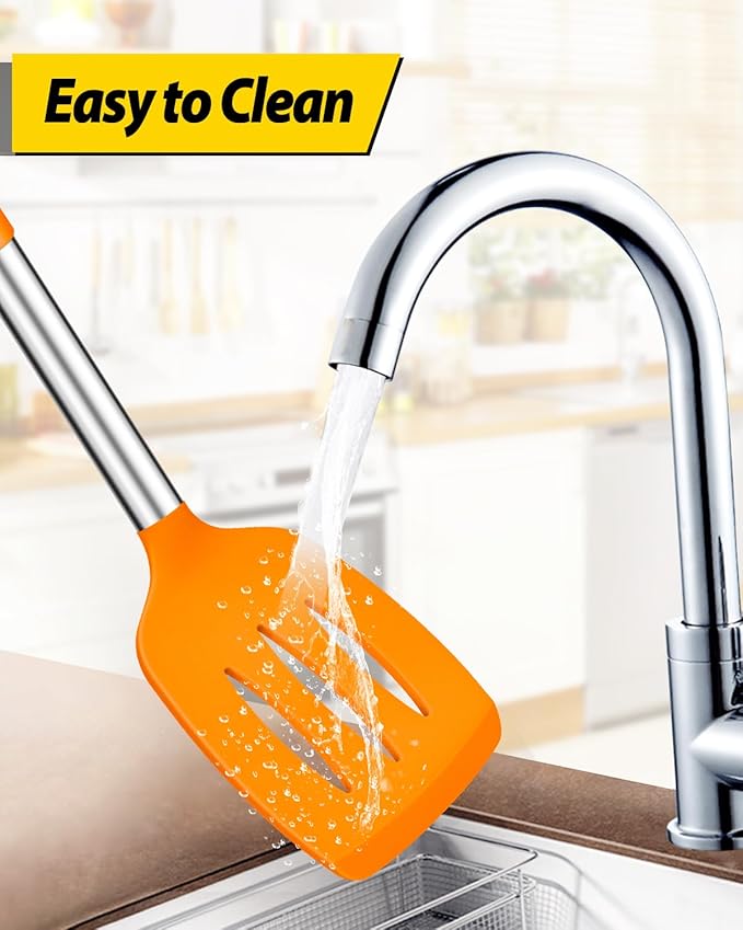Pack of 4 Silicone Cooking Utensils Set, Non Stick Large Solid Spatulas, Heat Resistant Slotted Spoons, Ideal BPA Free Kitchen Turners for Frying, Mixing,Serving,Draining,Turning,Stirring (ORANGE)