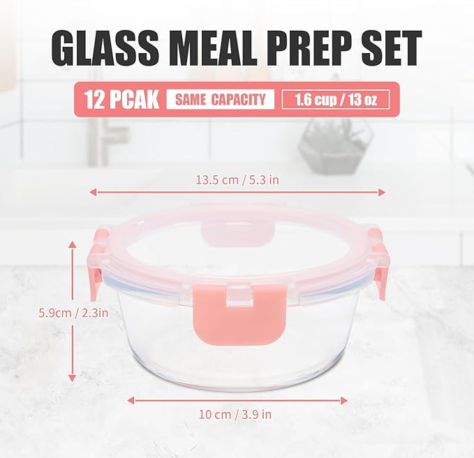 GULFLIN 12 Pack 13oz Small Glass Food Storage Containers with Lids Airtight, Leak-Proof Round Meal Prep Containers Set, Freezer to Microwave Safe