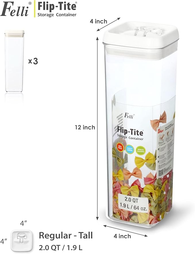 Felli Flip Tite TALL Storage Container with Lid 4" Air Tight Easy Open Ring Top