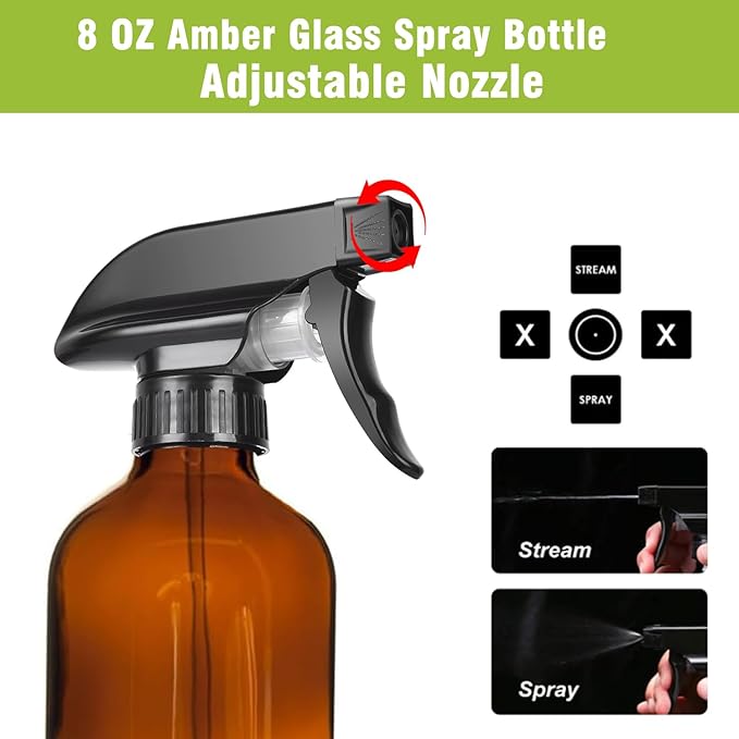 8OZ Amber Glass Spray Bottles - 2 Pack - Empty Refillable Bottle for Essential Oils, Plants, Cleaning Solutions, Hair Mister - Durable Nozzle w/Fine Mist and Stream Setting
