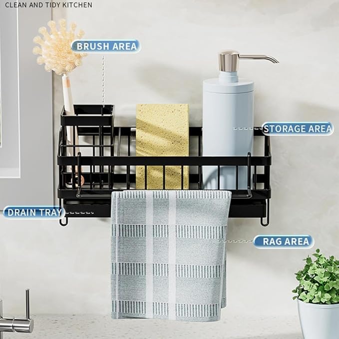 Sponge Holder for Kitchen Sink, Sink Caddy with High Brush Holder, Organzier Rustproof 304 Stainless Steel Dish Organizer Wall Mount, Soap Dispenser Storage