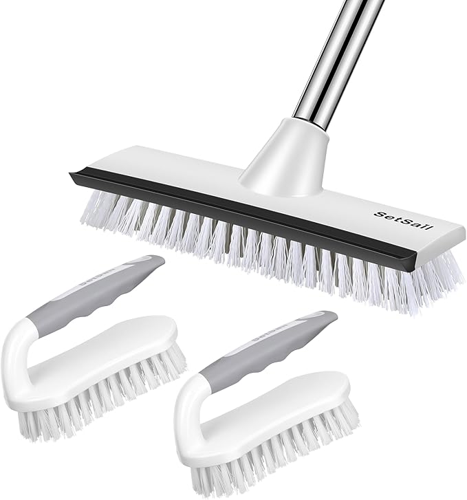 SetSail 2 Pack Heavy-Duty Scrub Brush+Floor Scrub Brush with 51-Inch Long Adjustable Handle 2 in 1 Scrape Brush Stiff Bristle Floor Scrubber for Cleaning Shower Bathroom Garage Kitchen Wall Deck Tub