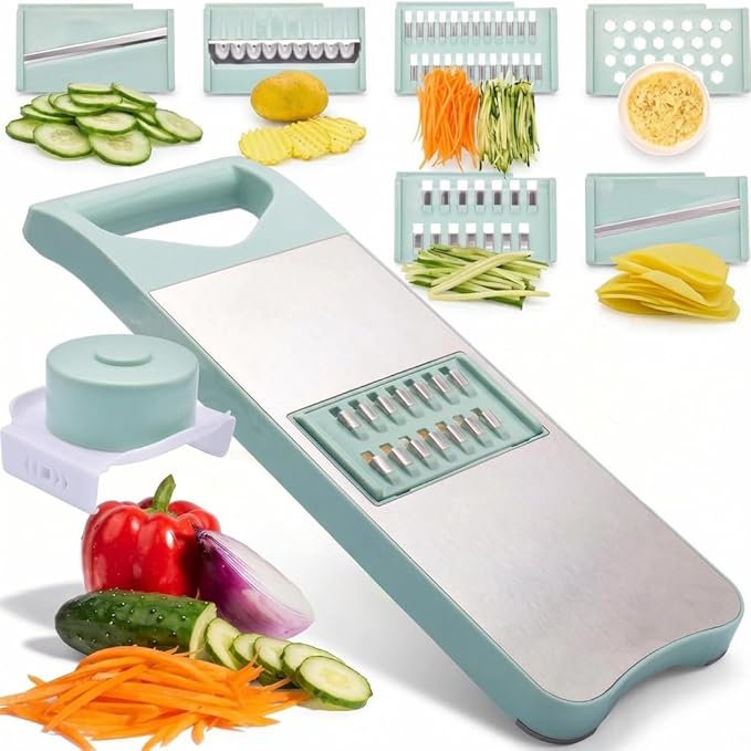 NACOLUS 6-Blade Mandoline Slicer with Slide-On Hand Guard - Vegetable Slicer, Potato/Onion/Garlic Slicer, Kitchen Grater(Multi-Color) (Seafoam green, 6-in-1)