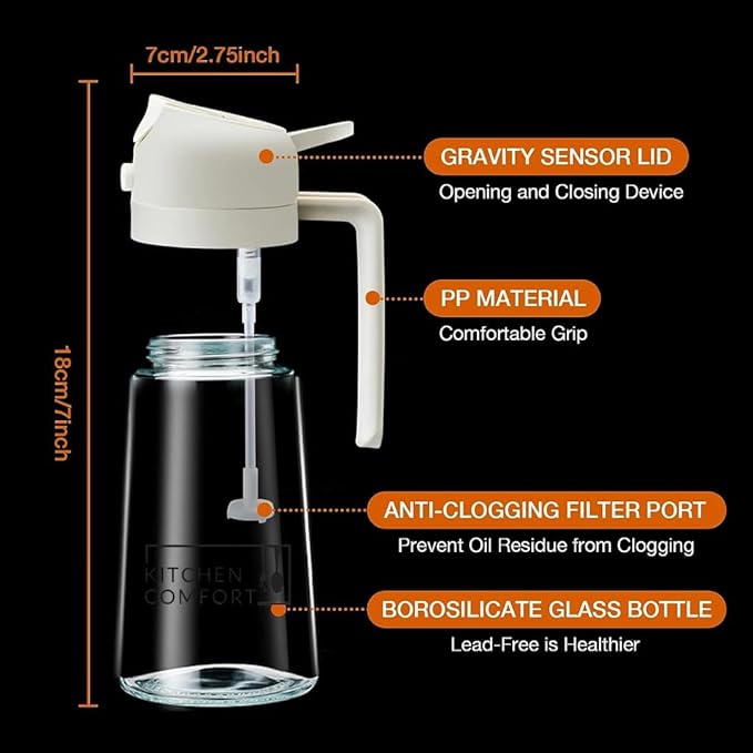 2 in 1 Oil Sprayer & Dispenser - 16oz/470ml Glass Bottle - Air Fryer, Frying, Baking, Olive Oil - Off White