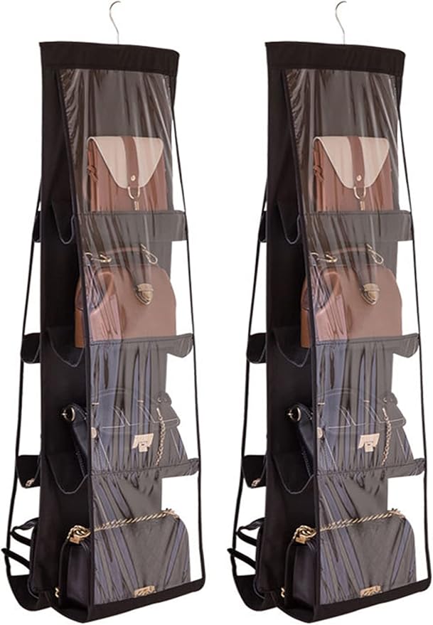 AARAINBOW 2 Packs Hanging Handbag Purse Organizer, Purse Bag Organizer Storage, 8 Pockets Hanging Bag Organizer for Closet Rack, Wardrobe Closet Space Saving Purses Holder, 41L*13.5W (B, 2 Black)