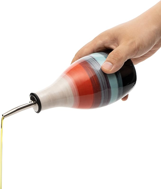 GUTE Cruet Ceramic Olive Oil & Vinegar Dispenser Bottle – Pottery Dressing Server – 400ml Condiment Cruet with Pourer Stopper – Kitchen Carafe for Cooking Ceramic Server 6" H 3" W Multicolored