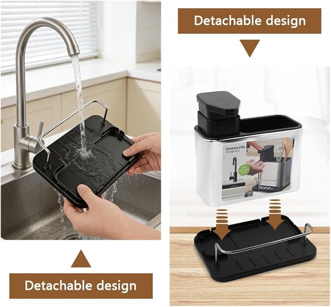 3-in-1 Dish Soap Dispenser, Sponge Holder for Kitchen Sink Caddy, Organizer Dish Soap Dispenser with Cleaning Brush and Tray Drainer Rack Countertop