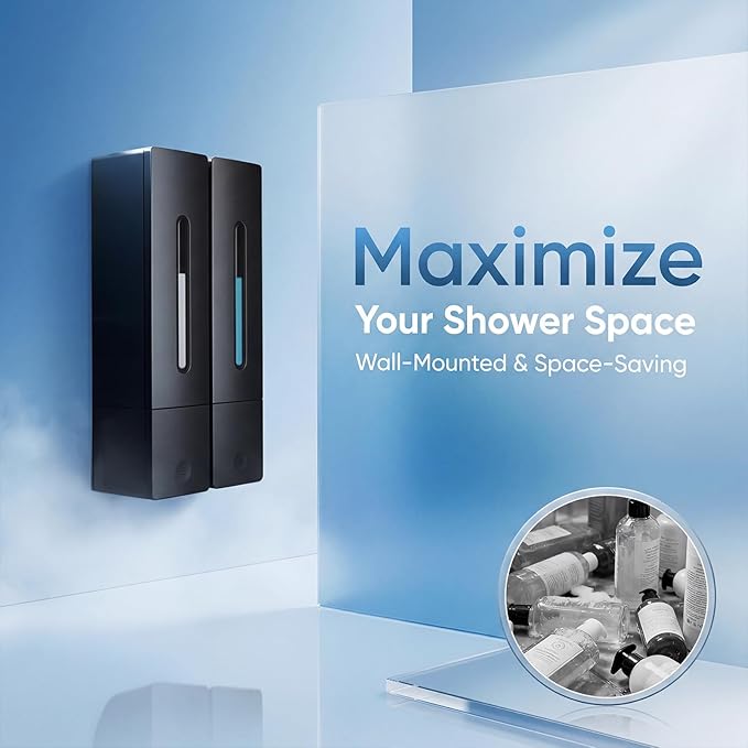 2-Pack Shampoo & Conditioner Dispenser, Wall-Mounted Shower Soap Dispenser, 800 ML (2×400 ML) Capacity, No-Drill Adhesive or Screws, Refillable Clear-Window Bottles for Bathroom & Hotel