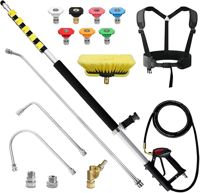 JANZ 25 FT Pressure Washer Telescoping Wand with Power Washer Extension Wands, Brush Head, Gutter Cleaner, 7 Spray Nozzle Tips