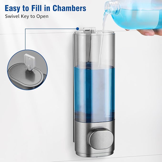 Shampoo and Conditioner Dispenser 1 Chamber No Drill, Shower Soap Pump Dispenser Wall Mounted, Body Wash Dispenser for Shower, Shower Gel Dispenser Shampoo Holder for Bathroom (Gungrey 1 Chamber)