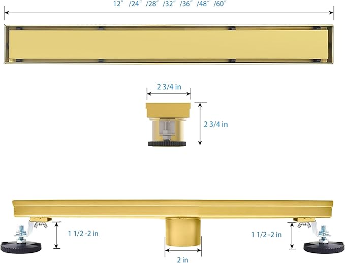 SaniteModar Linear Shower Drain, Gold Shower Drain 28 inch with 2 in 1 Tile Insert Panel, Hair Strainer and Leveling Feet