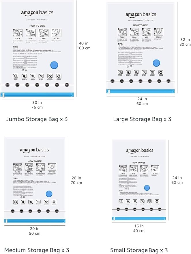 Amazon Basics Vacuum Storage Bags with Hand Pump for Travel, 3 Large & 3 Jumbo)