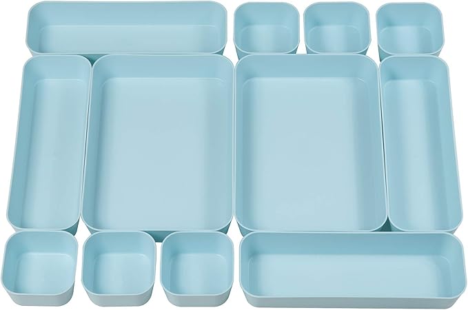 Set Of 12 Blue Color Plastic Desk Drawer Organizers For Makeup Bathroom Office