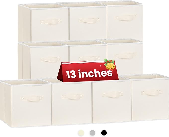 Criusia Large Storage Cubes, 13 Inch Cube Storage Bins for Shelves Closet Nursery Bedroom - 10 Pack Collapsible Storage Baskets with Handles - Fabric Bins for Organizing Clothes Blanket Toys (Beige)