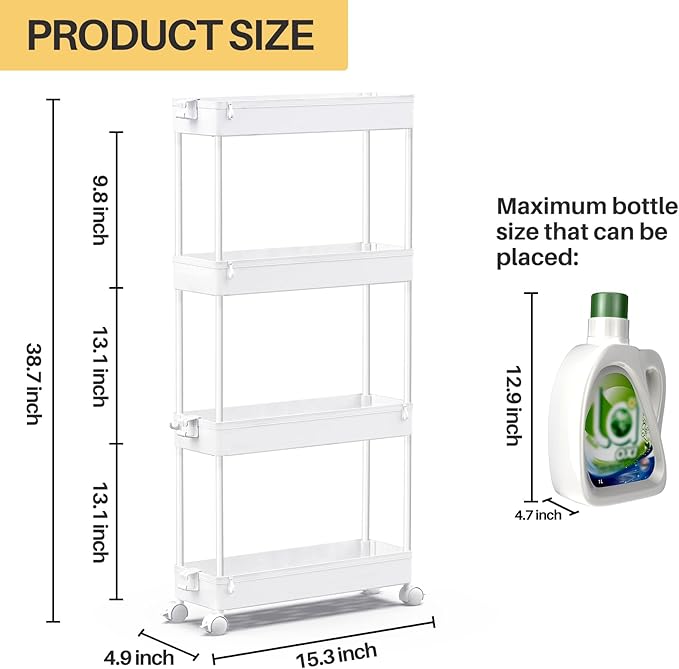 SPACEKEEPER Slim Rolling Storage Cart 4 Tier Bathroom Organizer Mobile Shelving Unit Utility Cart Tower Rack for Kitchen Laundry Narrow Places, White