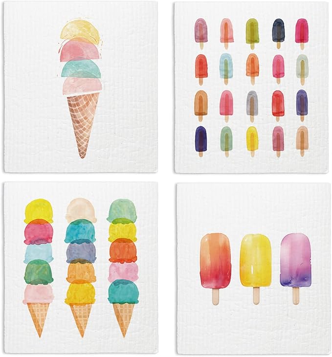 Swedish Dishcloths for Kitchen, Summer Ice Cream Dish Rags Kitchen Dish Towels for Washing Dishes, 4 Pack Reusable Paper Towels, Ice Cream Decor, Sponge Cloths for Home Cleaning Baking Cooking