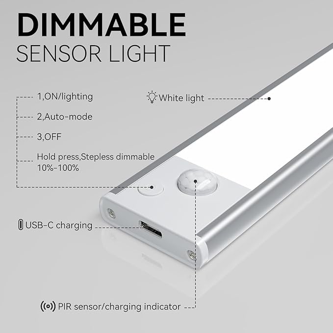 Under Cabinet Lighting, Rechargeable Closet Lights, LED Magnetic Motion Activated Under Cabinet Lights 1800mAh Battery Operated, Wireless Dimmable Under Counter Lights for Kitchen,Stairs,Pantry 2 Pack