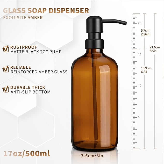 Amber Glass Soap Dispenser with 304 Stainless Steel Pump 17 oz for Kitchen Dish Soap and Bathroom Hand Soap Bottle