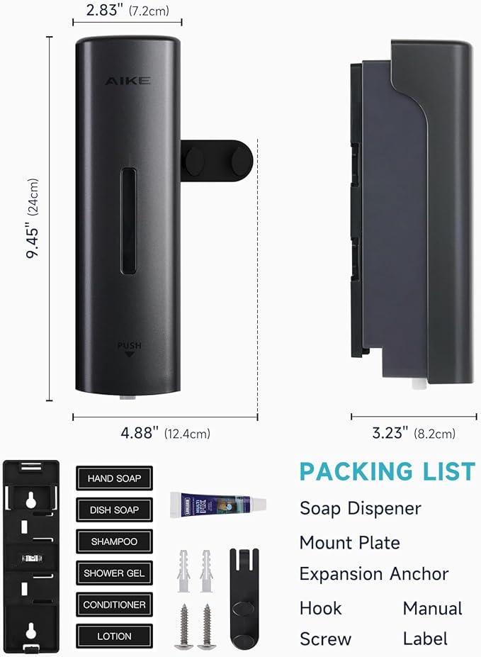 AIKE EasyPush Liquid Wall Mount Soap Dispenser,11.8 fl.oz. for Commercial and Home(Dark Silver)