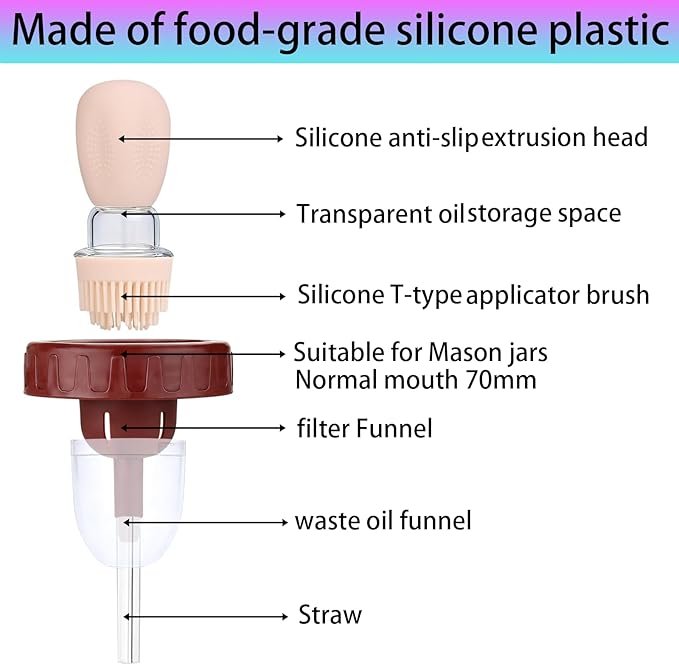 Oil Sprayer for Mason Jars 70mm, Oil Brush Dispenser for Salads, Grilling, Frying，3 IN 1 Oil Dispenser Bottle with Silicone Basting with Separate old oil(Glass Jars Not Included) (4, Wine Red, 70MM)