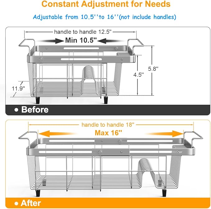Orgneas Real Capacity Expandable Dish Drying Rack in Sink, Stainless Steel Over the Sink Dish Drainer with Utensil Holder for Kitchen Counter, Fit for Interior Width 10.5''~17'' Sinks