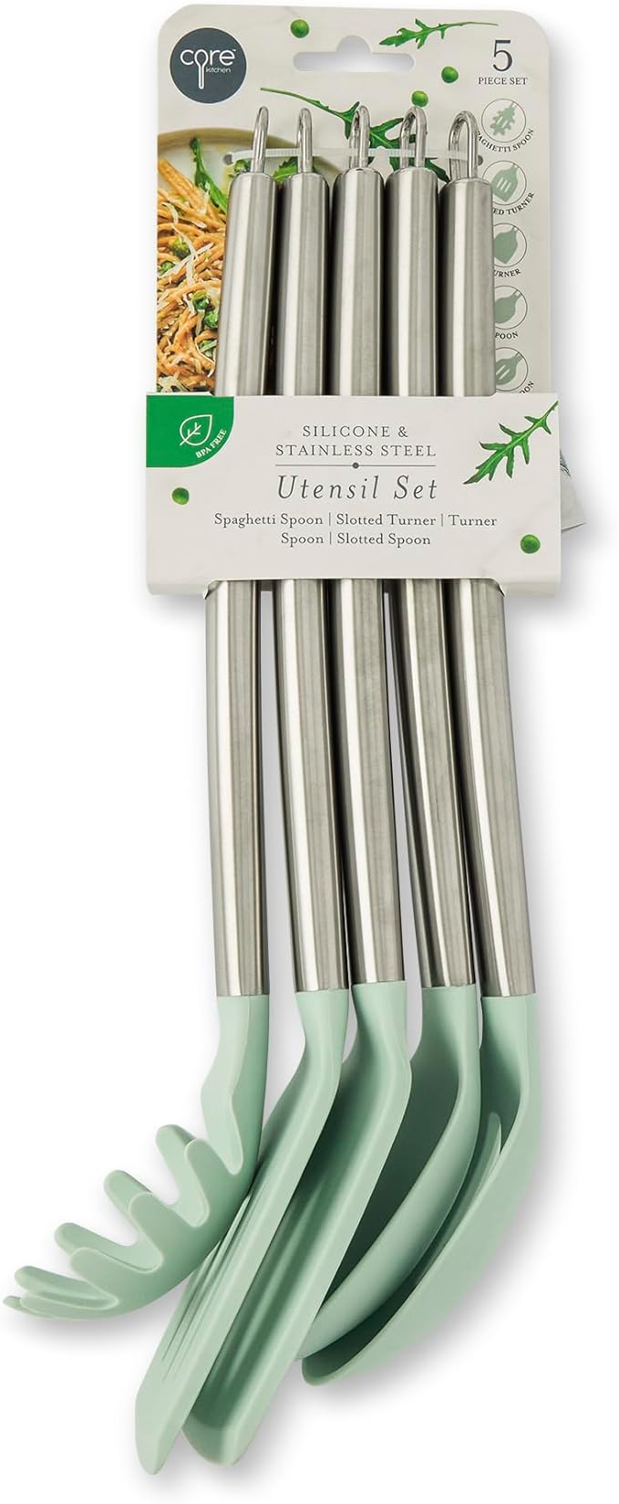 Core Kitchen 5-Piece Silicone & Stainless Steel Utensil Set – Heat-Resistant, BPA-Free Kitchen Tools – Etched Glass
