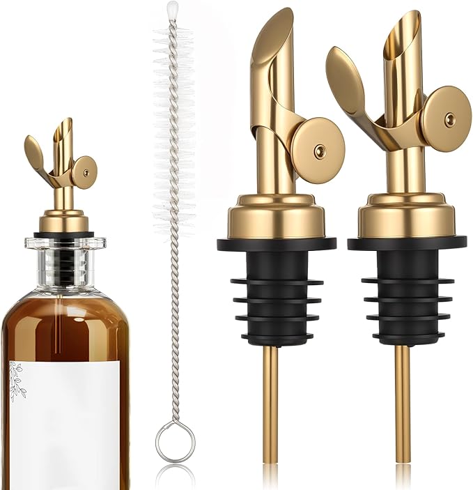2 PCS Weighted Stainless Steel Bottle Pourers, Olive Oil Dispenser Spout, Self Closing Liquor Pour Spout, Weighted Pourer for Liquor Bottles, Oil Bottles, Vinegar, Syrup and Alcohol, Gold