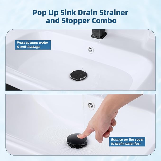 Hibbent Upgraded 3 in 1 Bathroom Sink Drain Strainer, Pop Up Sink Stopper with Big Push Cap, Anti-Clogging Metal Filter Basket,Sink Plug with Hair Catcher for 1.1''~2.36'' Basin, Matte Black