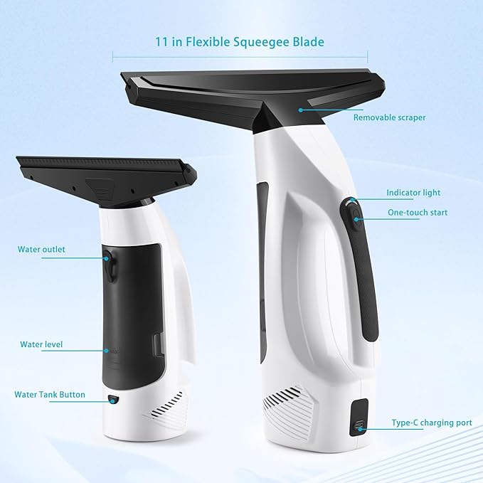 Window Vacuum Squeegee Cordless, Handheld Window Vac with Multi-Purpose Spray Bottle & Microfiber Cloth, Electric Cleaning Tool for Windows, Tiles