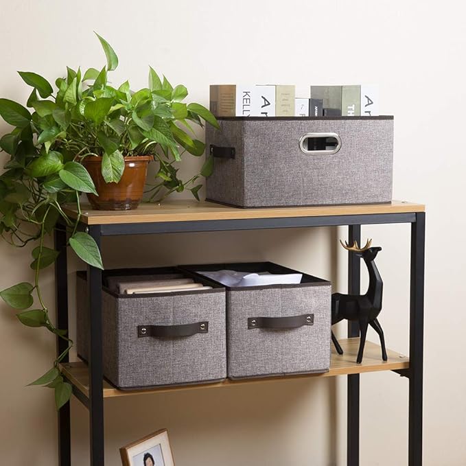 PRANDOM Large Collapsible Storage Baskets for Closet [5-pack] Decorative Fabric Storage Bins Cubes with Leather/Metal Handles for Shelves Bedroom