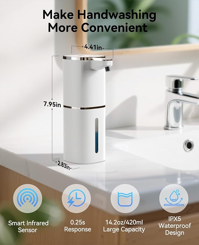 Luxspire Automatic Foaming Soap Dispenser, Touchless Foam Soap Dispenser, Rechargeabled 9 Adjustable Levels & IPX5 Waterproof Wall Mounted 420ml Soap Container for Bathroom, Kitchen and Hotel, White