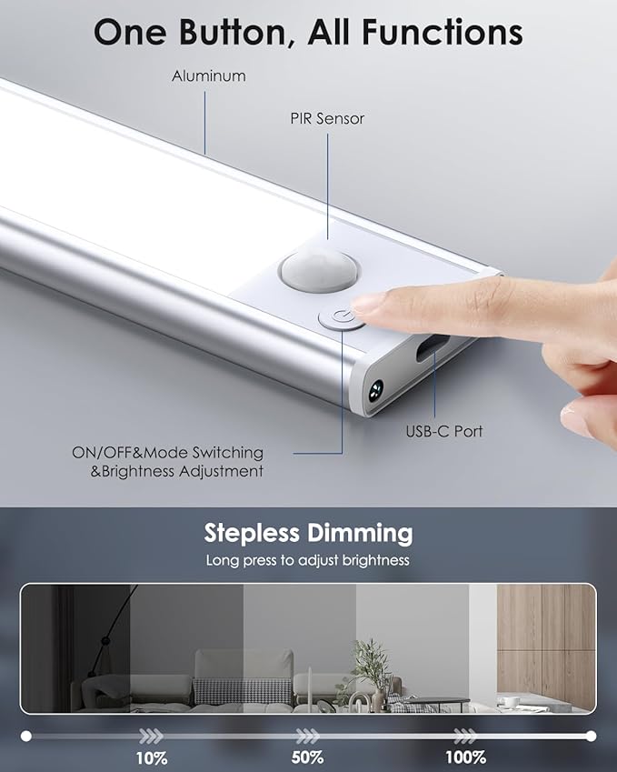 2-Pack Under Cabinet Lighting, Upgraded 3200mAh Rechargeable Under Cabinet Lights Wireless, LED Motion Sensor Light Indoor Closet Lights Under-counter Light Fixtures for Kitchen, Hallway, Pantry, 14in